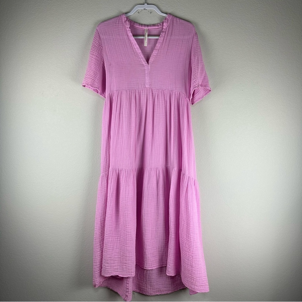 By Anthropologie Pink Semi Sheer 100% Cotton V-Neck Hi Lo Casual Dress Small